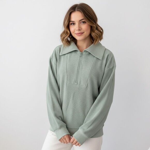 Thread & Supply Sweaters - Thread & Supply Aqua Gray Ribbed Quarter-Zip Pullover Sweater Size Small